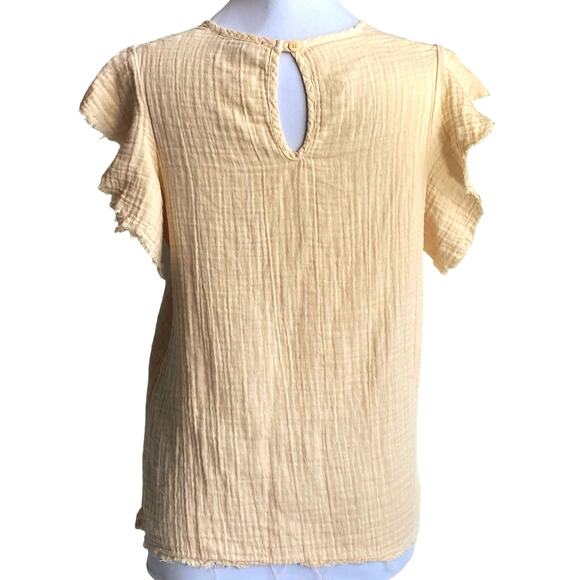 STARK X Muslin Gauze Raw Hem Oversized Top XS Butter Yellow Fairy Flutter Sleeve - Picture 3 of 8